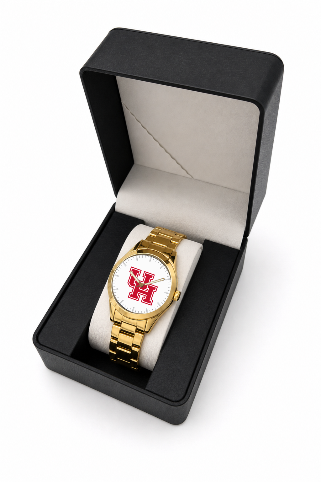 Houston Cougars Gold Metal Round watch with gold metal bracelet in LicensedTime gift box