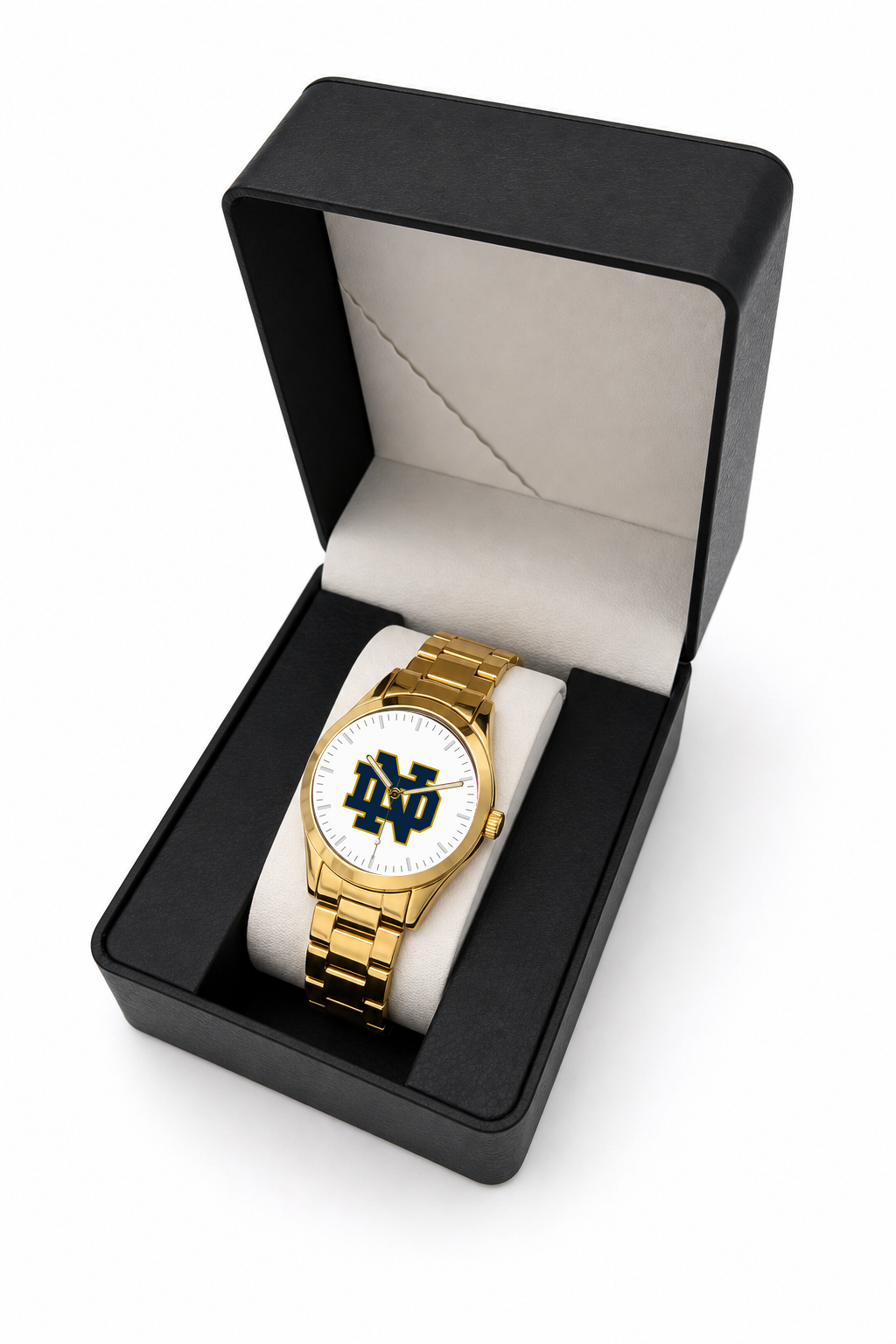 Notre Dame Fighting Irish Gold Metal Round watch with gold metal bracelet in LicensedTime gift box