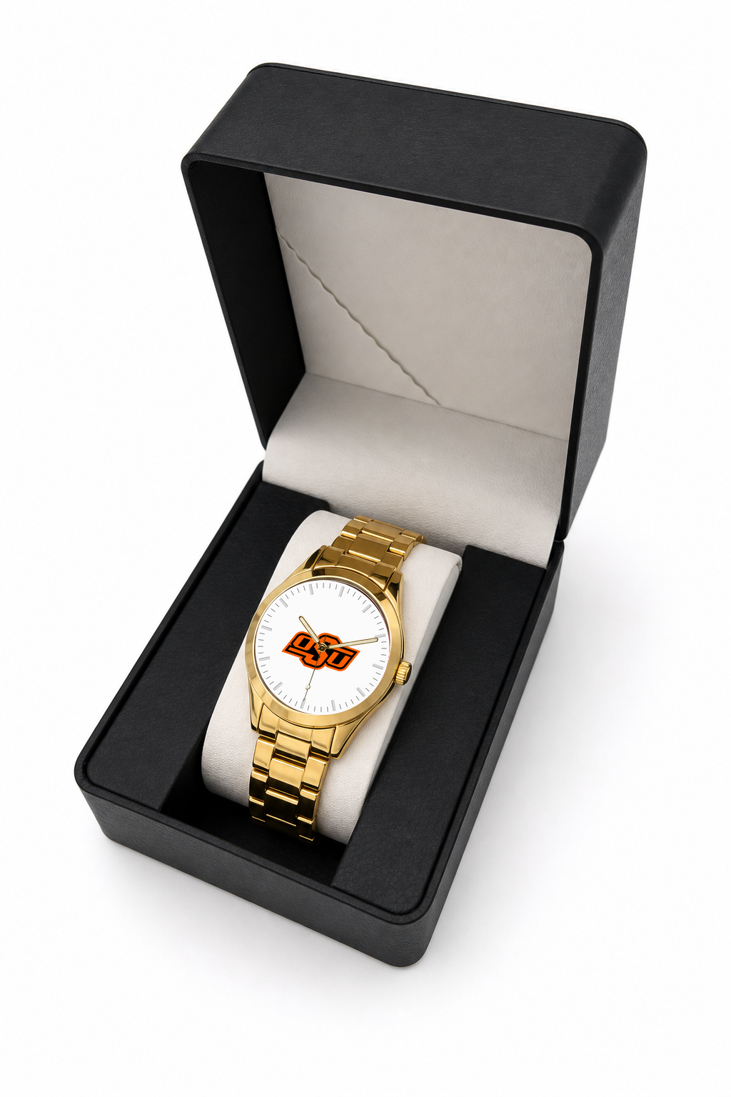 Oklahoma State Cowboys Gold Metal Round watch with gold metal bracelet in LicensedTime gift box