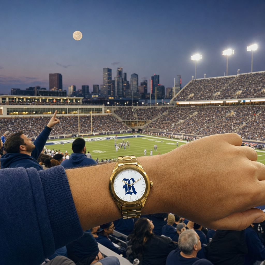 Rice Owls Gold Metal Round Watch lifestyle