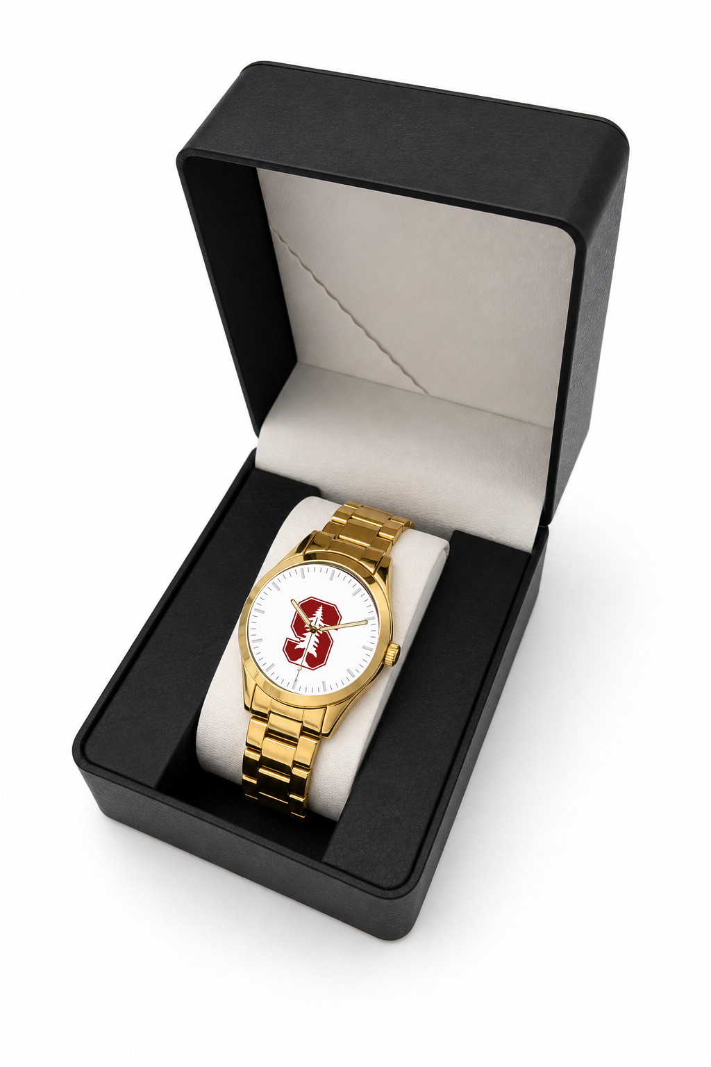 Stanford Cardinal Gold Metal Round watch with gold metal bracelet in LicensedTime gift box