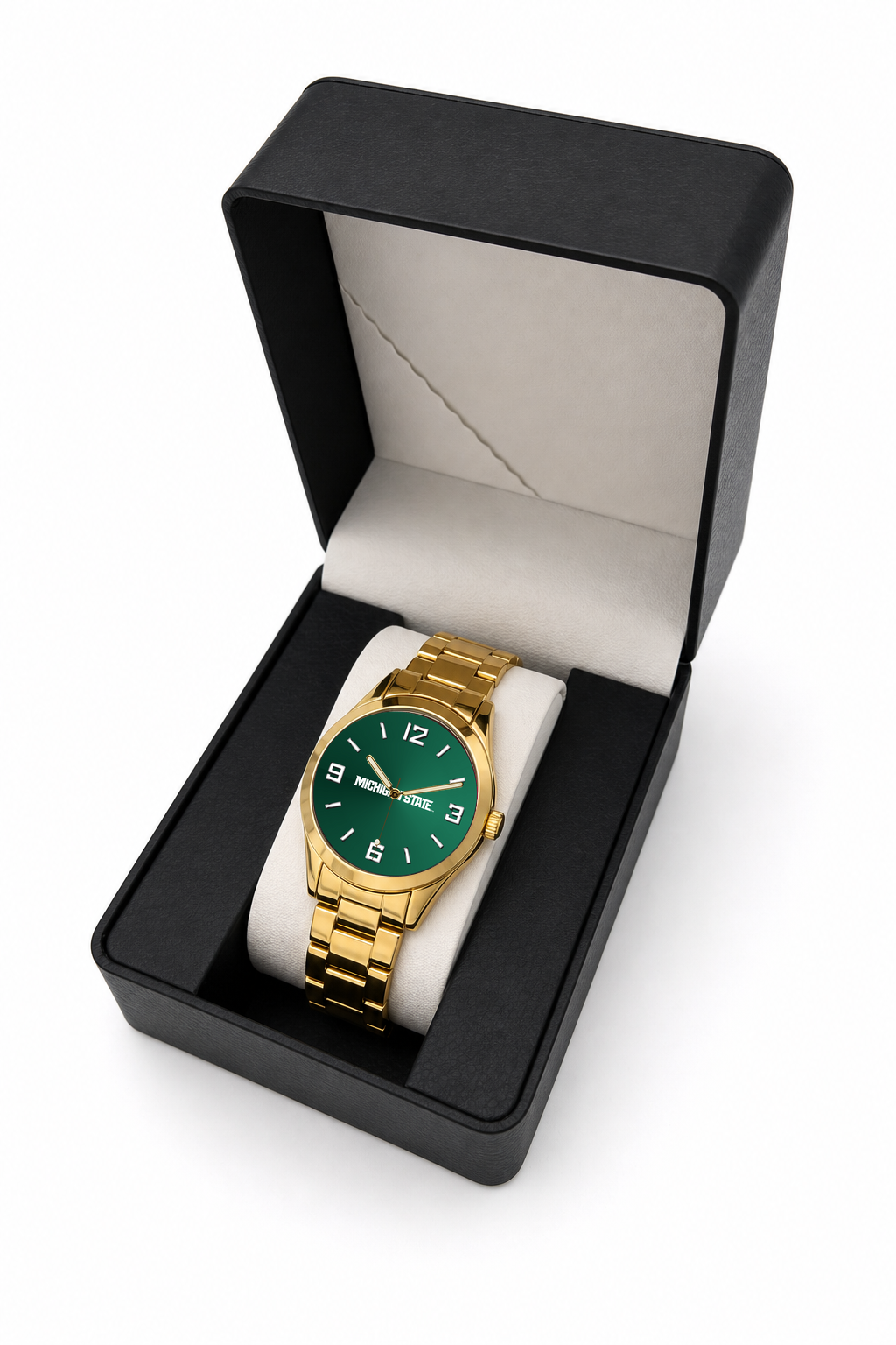 Michigan State Spartans Gold Metal Round watch with gold metal bracelet in LicensedTime gift box
