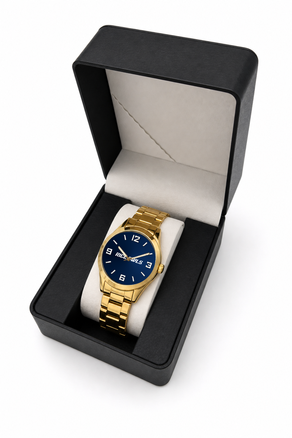 Rice Owls Gold Metal Round watch with gold metal bracelet in LicensedTime gift box