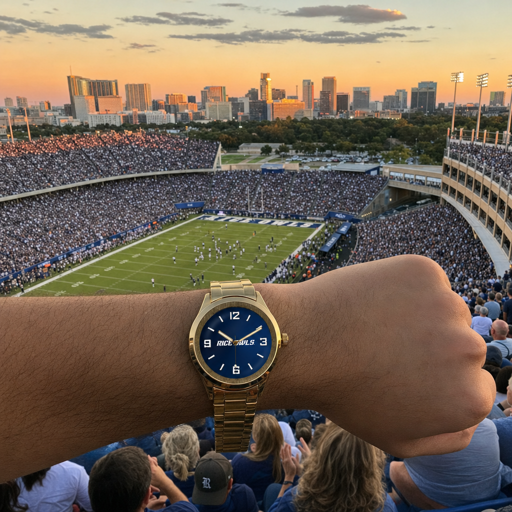 Rice Owls Gold Metal Round Watch lifestyle