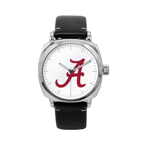 Alabama Crimson Tide Oval Leather Strap Silver Case watch with black leather strap