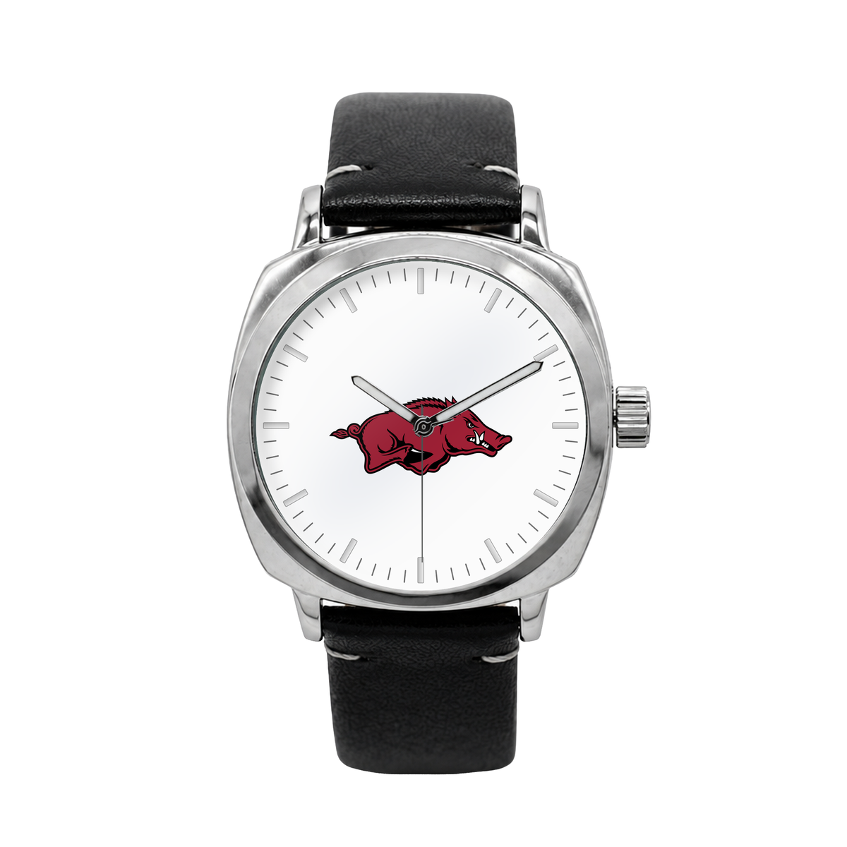 Arkansas Razorbacks Oval Leather Band Silver Case watch with black leather band