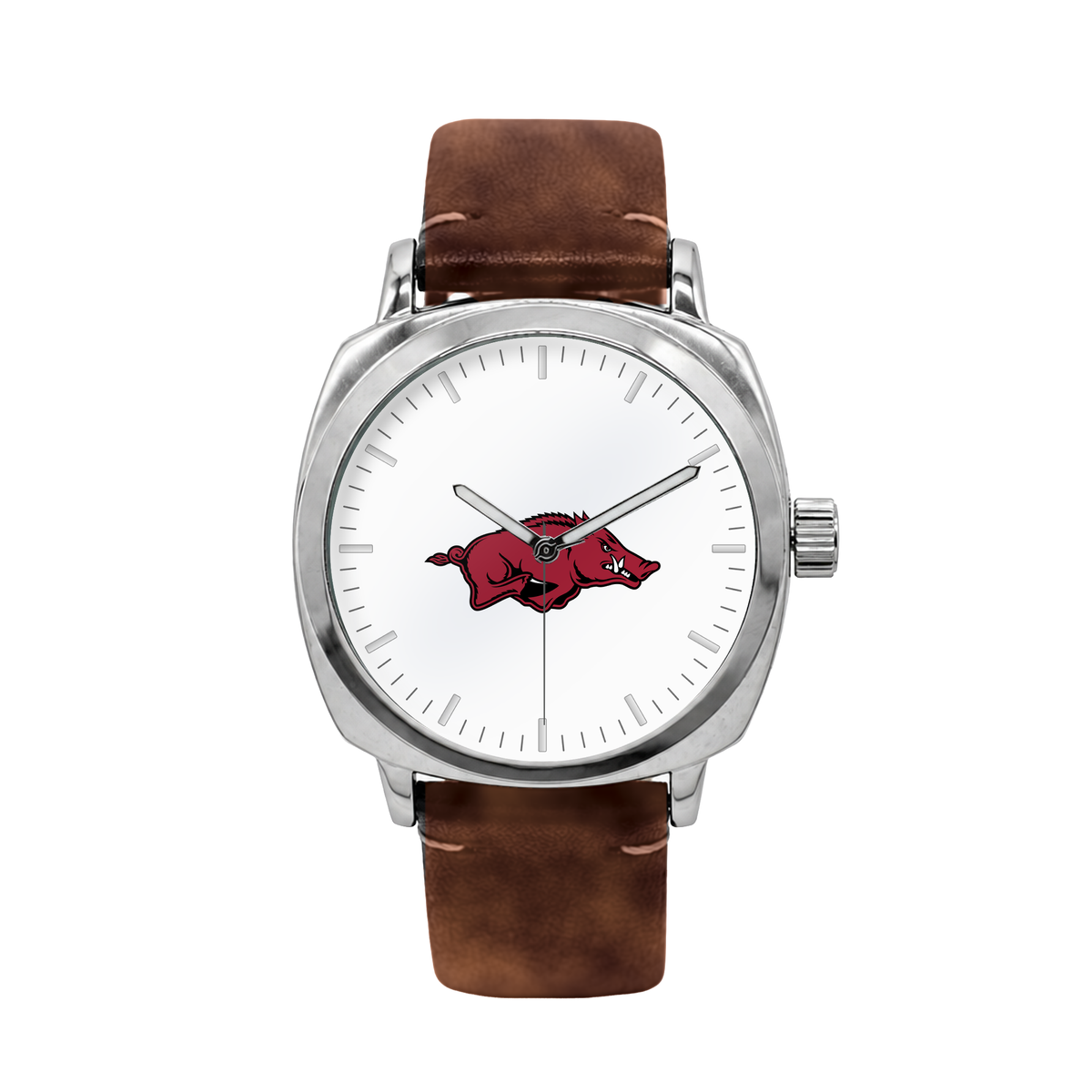 Arkansas Razorbacks Oval Leather Band Silver Case watch with brown leather band
