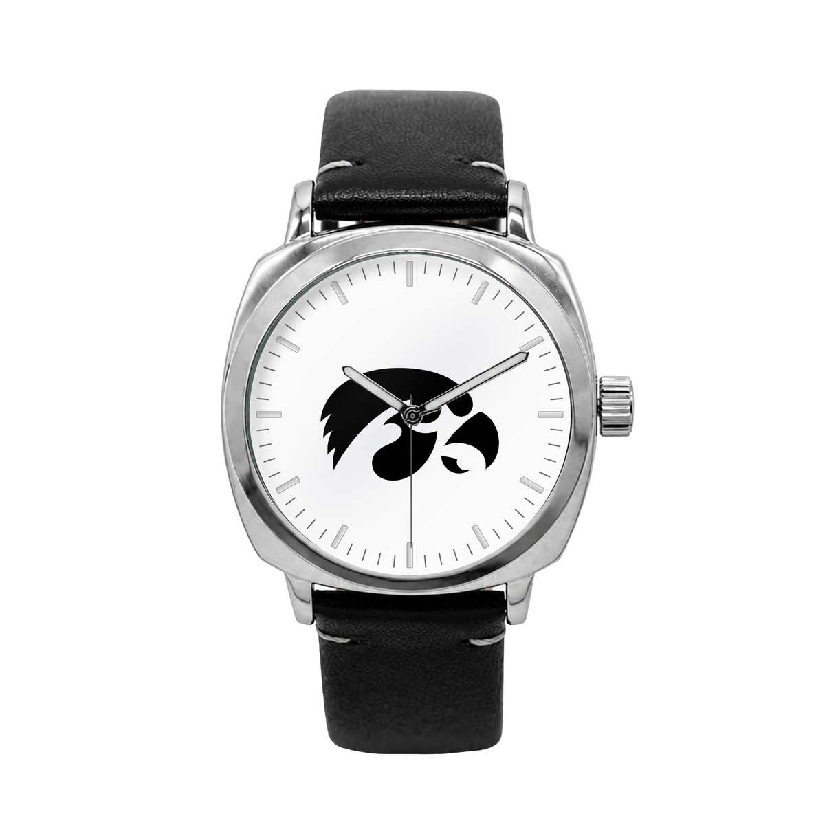 Iowa Hawkeyes Oval Leather Band Silver Case watch with black leather band