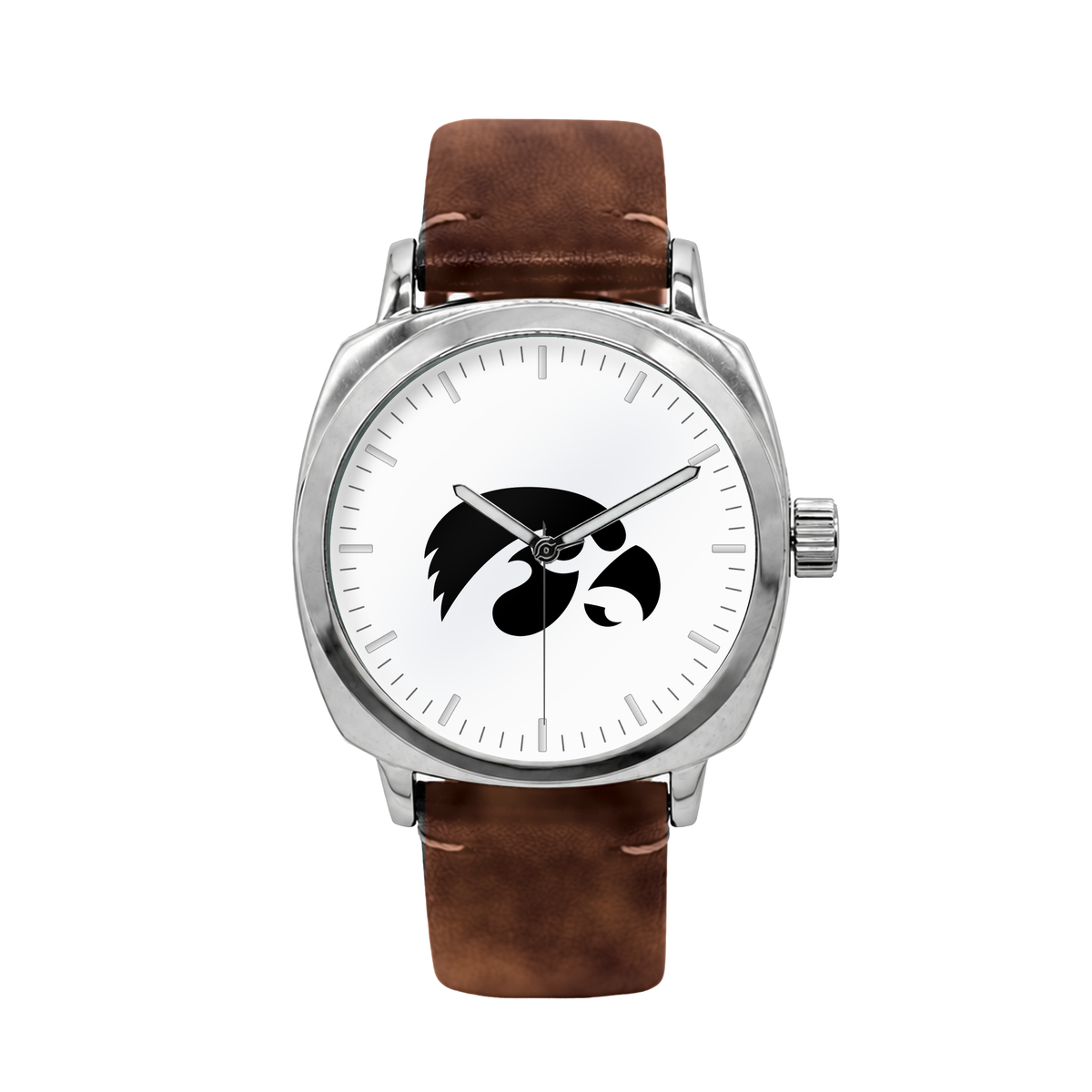 Iowa Hawkeyes Oval Leather Band Silver Case watch with brown leather band