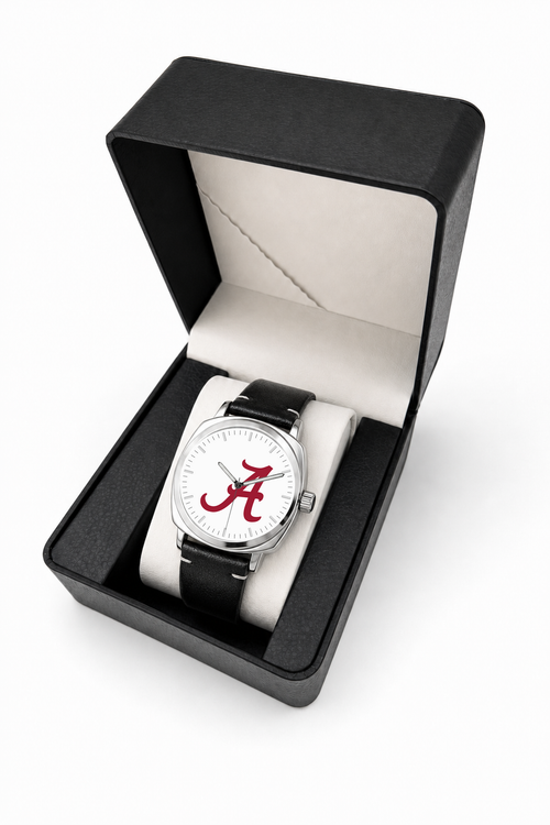 Alabama Crimson Tide Oval Leather Band Silver Case watch with black leather band in LicensedTime gift box