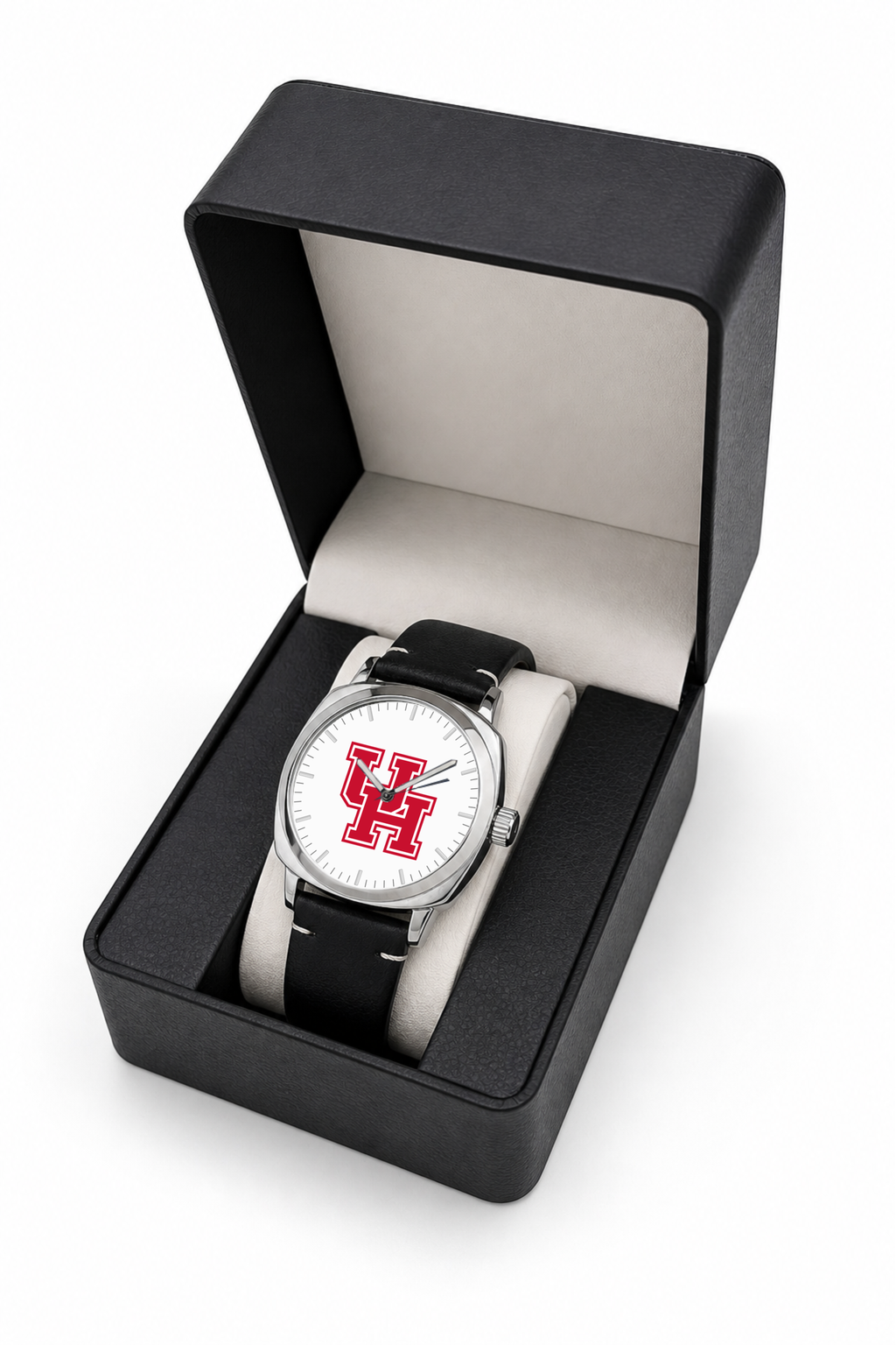 Houston Cougars Oval Leather Band Silver Case watch with black leather band in LicensedTime gift box