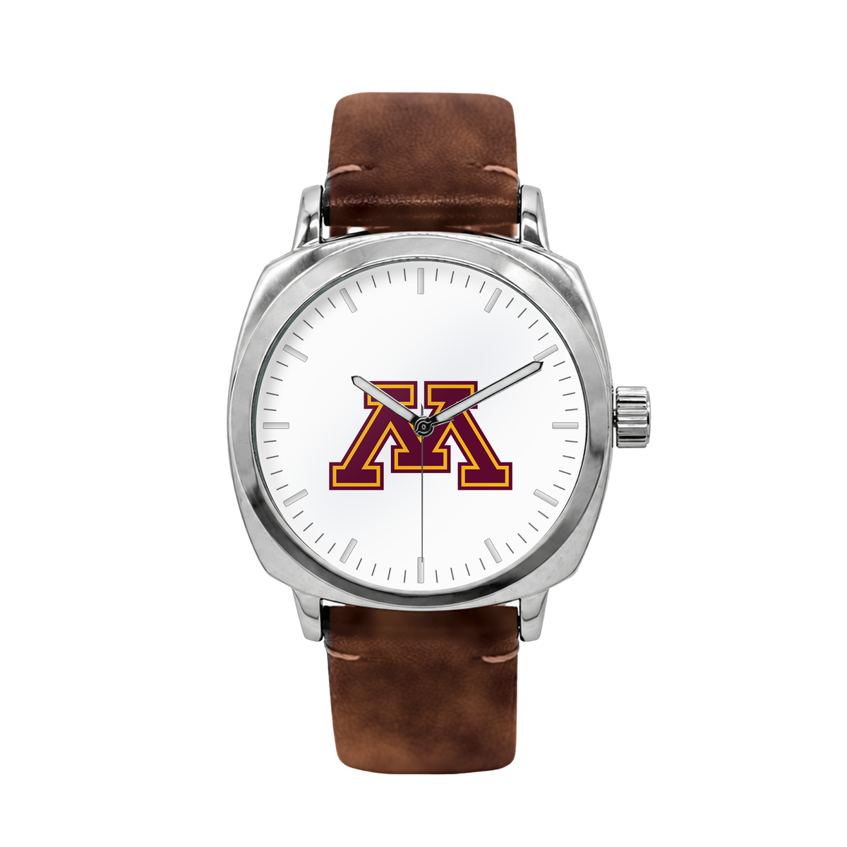 Minnesota Golden Gophers Oval Leather Band Silver Case watch with brown leather band