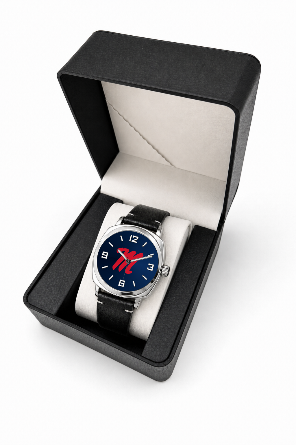 Ole Miss Rebels Oval Leather Band Silver Case watch with black leather band in LicensedTime gift box