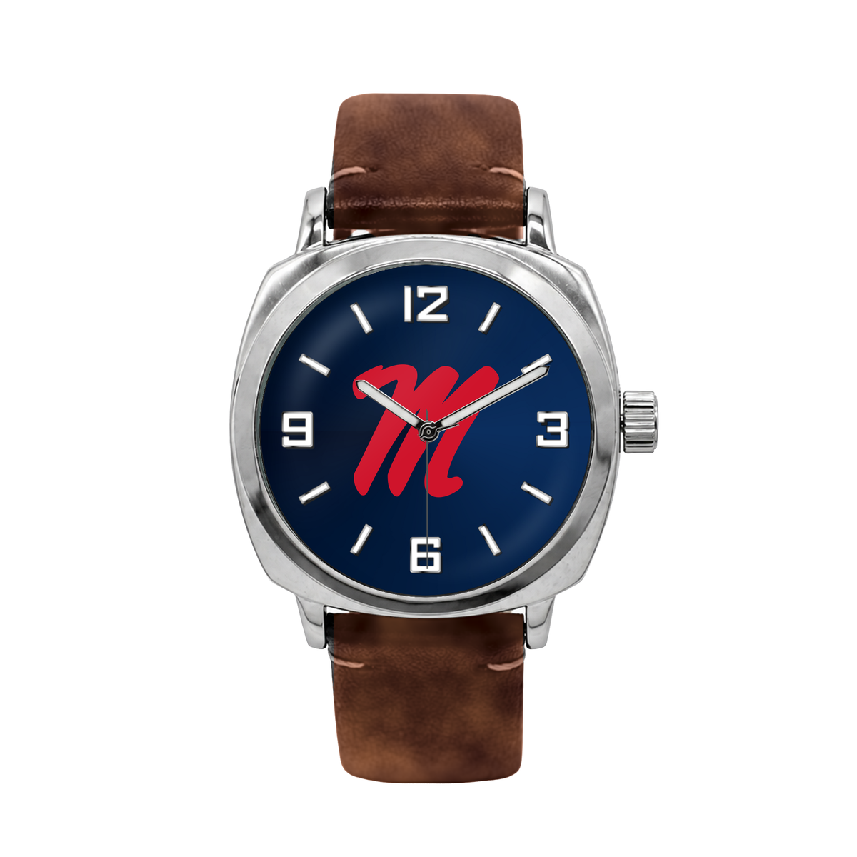 Ole Miss Rebels Oval Leather Band Silver Case watch with brown leather band