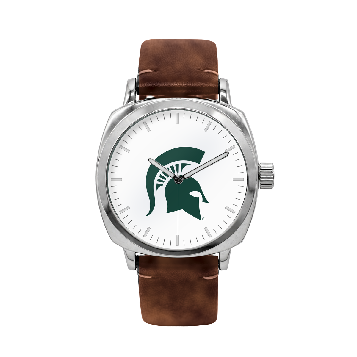 Michigan State Spartans Oval Leather Band Silver Case watch with brown leather band