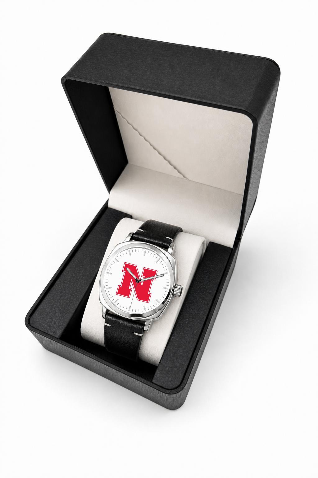 Nebraska Cornhuskers Oval Leather Band Silver Case watch with black leather band in LicensedTime gift box