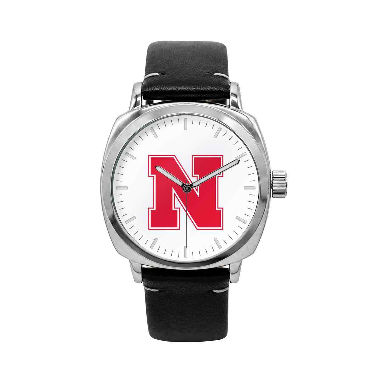 Nebraska Cornhuskers Oval Leather Band Silver Case watch with black leather band