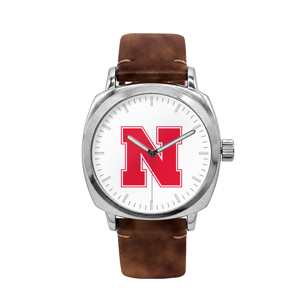 Nebraska Cornhuskers Oval Leather Band Silver Case watch with brown leather band