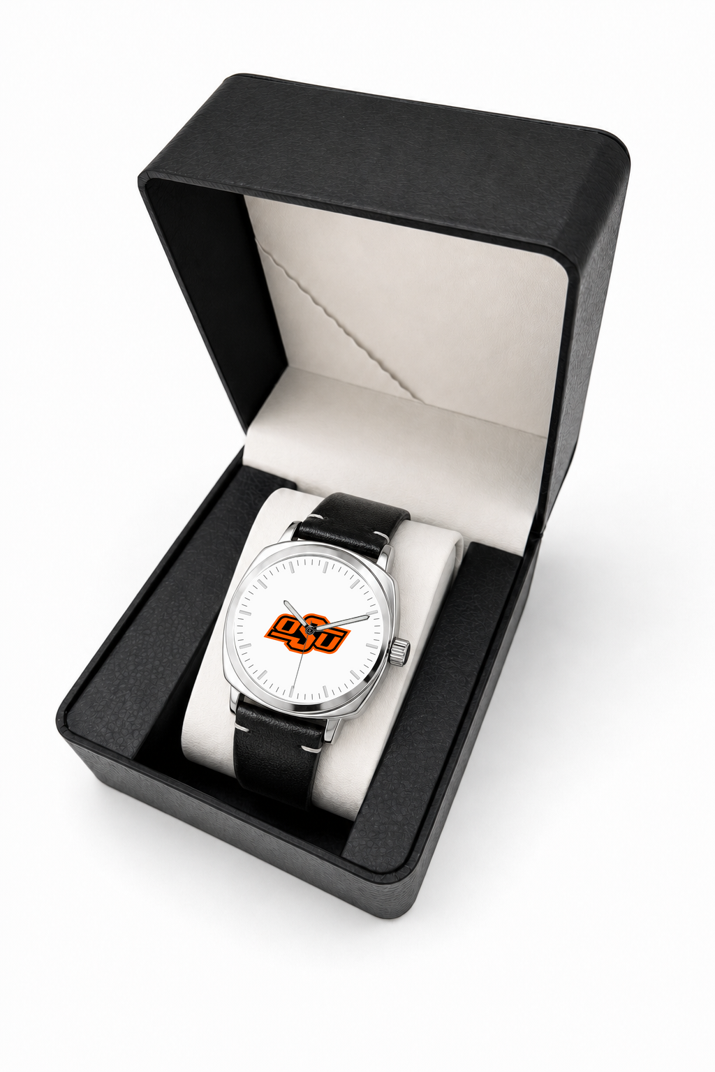Oklahoma State Cowboys Oval Leather Band Silver Case watch with black leather band in LicensedTime gift box