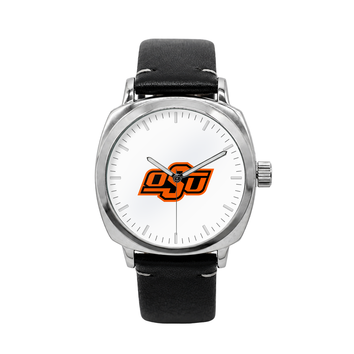 Oklahoma State Cowboys Oval Leather Band Silver Case watch with black leather band