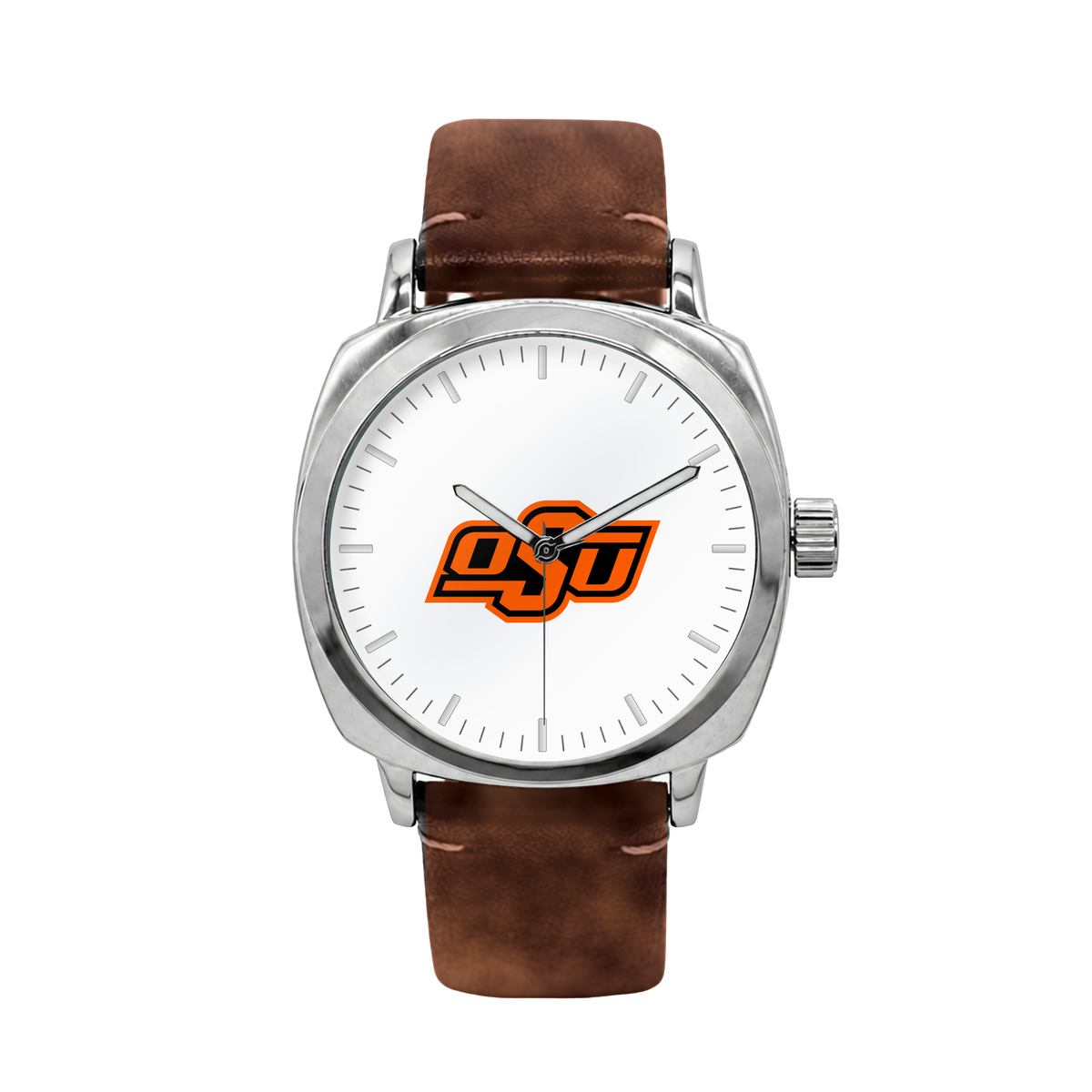 Oklahoma State Cowboys Oval Leather Band Silver Case watch with brown leather band