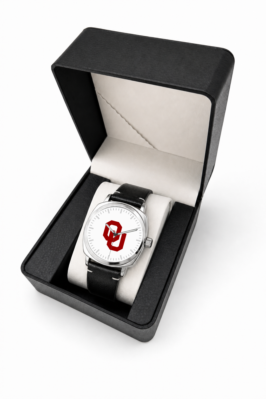 Oklahoma Sooners Oval Leather Band Silver Case watch with black leather band in LicensedTime gift box