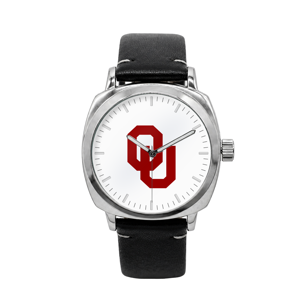 Oklahoma Sooners Oval Leather Band Silver Case watch with black leather band
