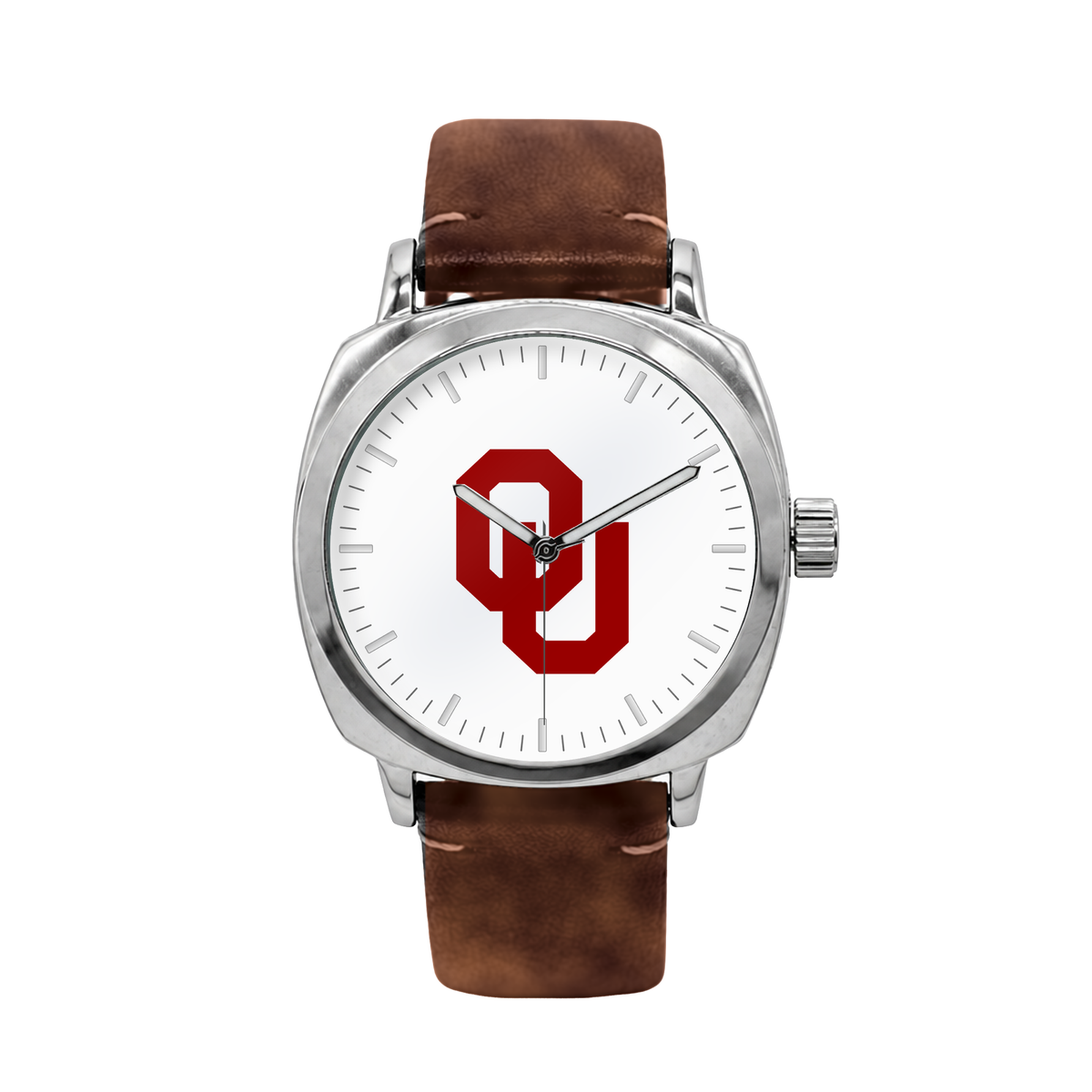 Oklahoma Sooners Oval Leather Band Silver Case watch with brown leather band