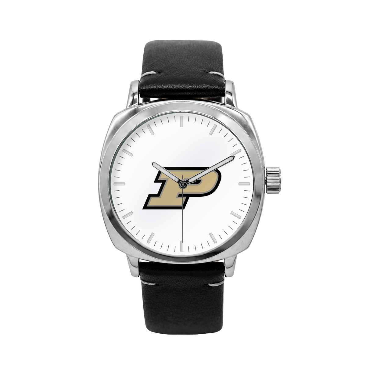 Purdue Boilermakers Oval Leather Band Silver Case watch with black leather band