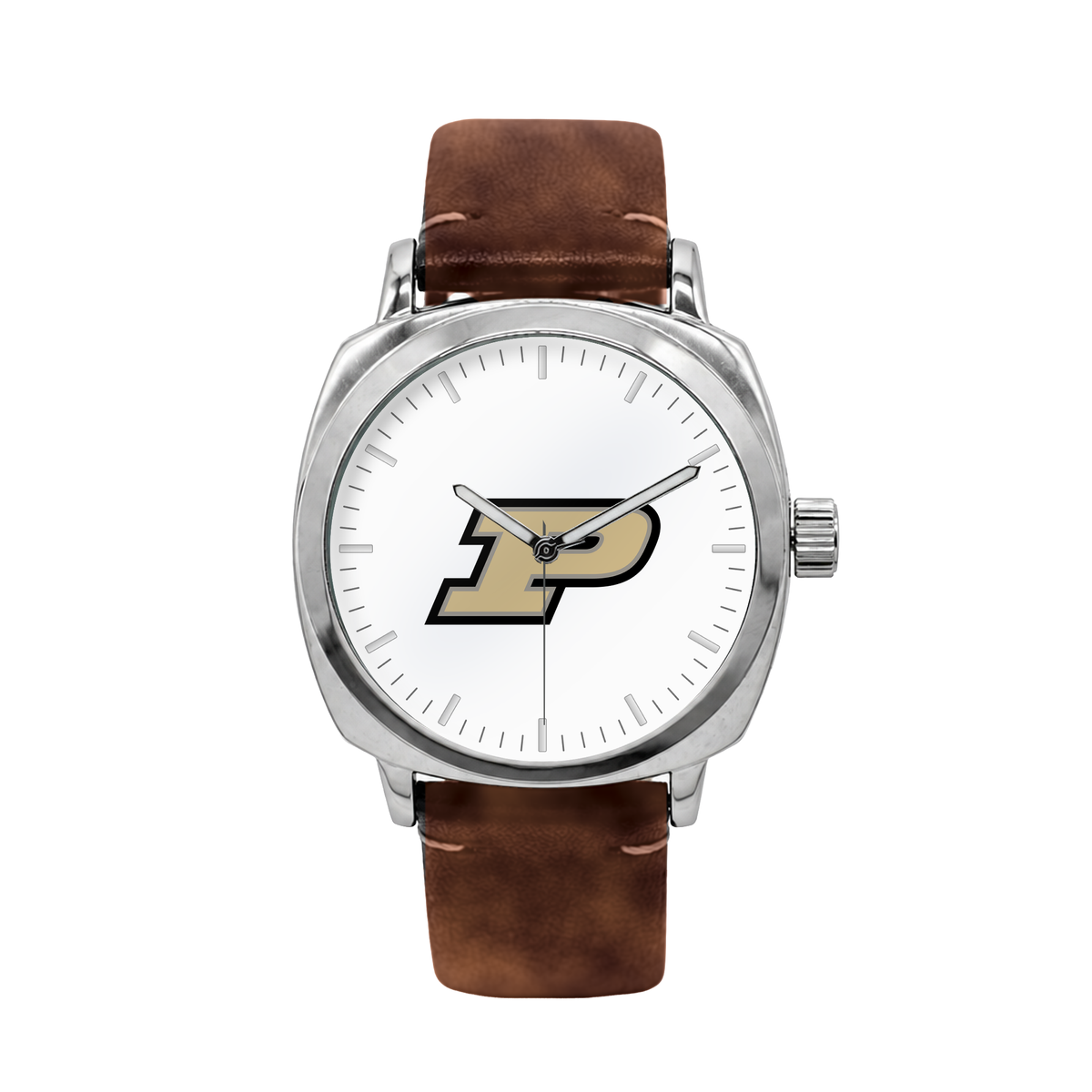 Purdue Boilermakers Oval Leather Band Silver Case watch with brown leather band