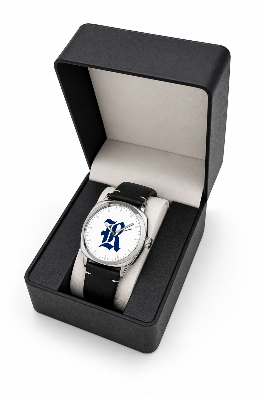 Rice Owls Oval Leather Band Silver Case watch with black leather band in LicensedTime gift box