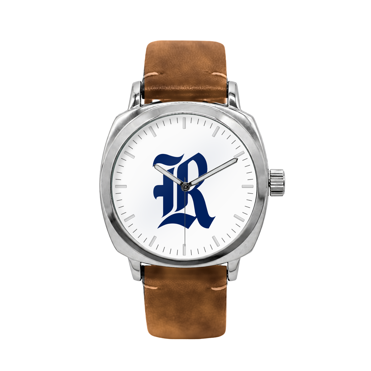 Rice Owls Oval Leather Band Silver Case watch with brown leather band