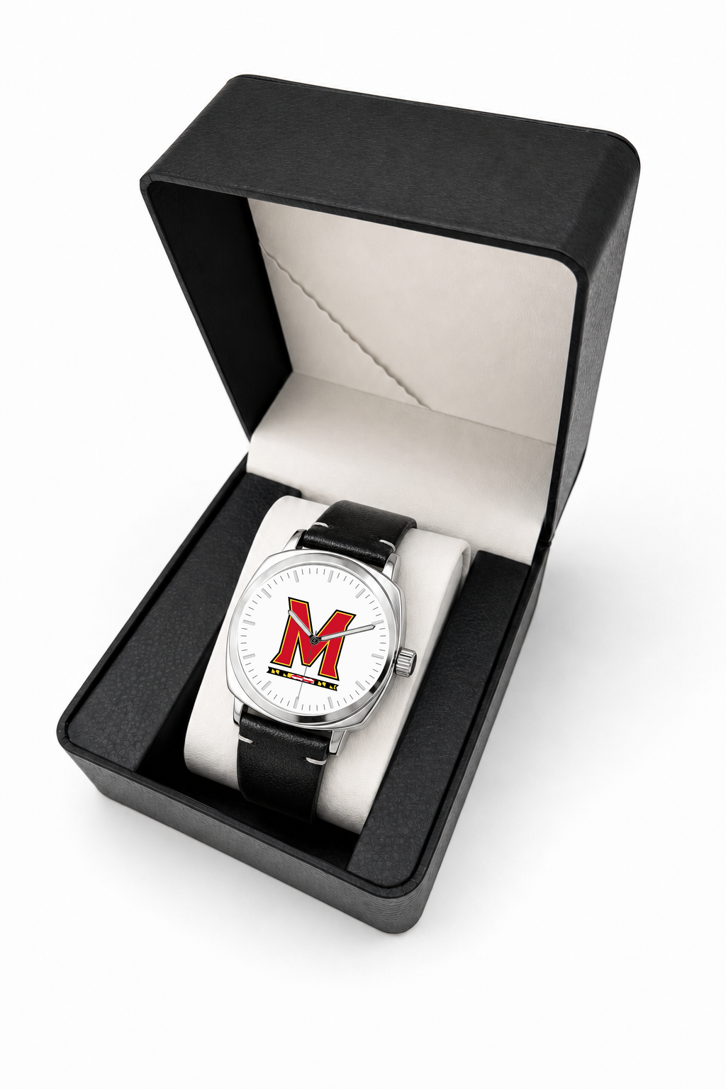 Maryland Terrapins Oval Leather Band Silver Case watch with black leather band in LicensedTime gift box