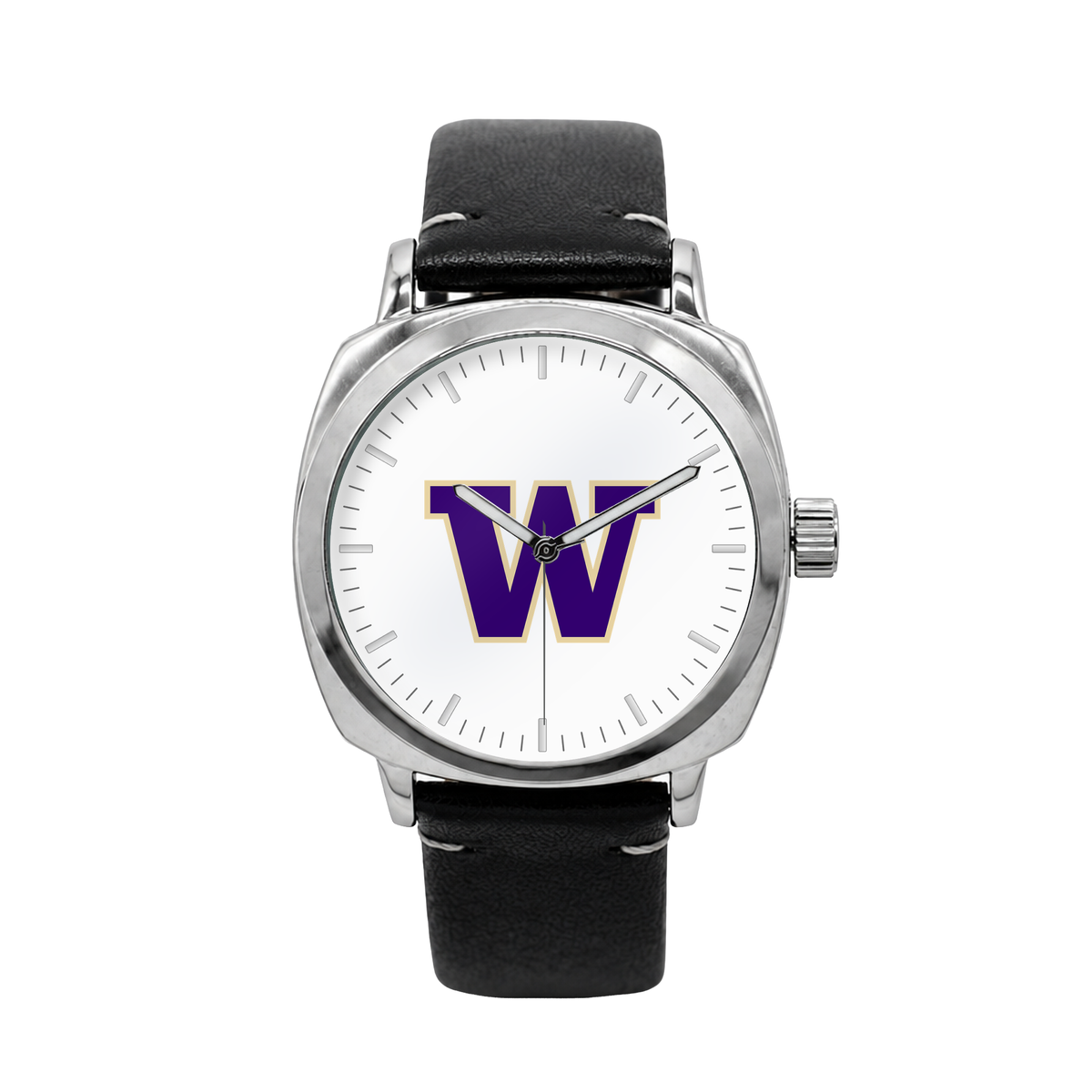 Washington Huskies Oval Leather Band Silver Case watch with black leather band