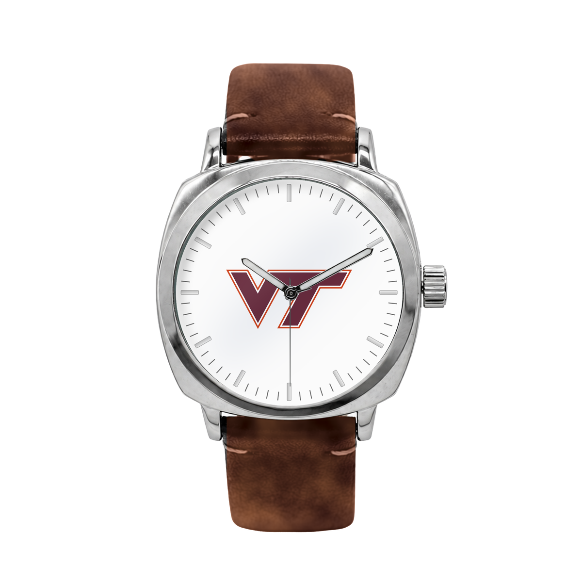 Virginia Tech Hokies Oval Leather Band Silver Case watch with brown leather band