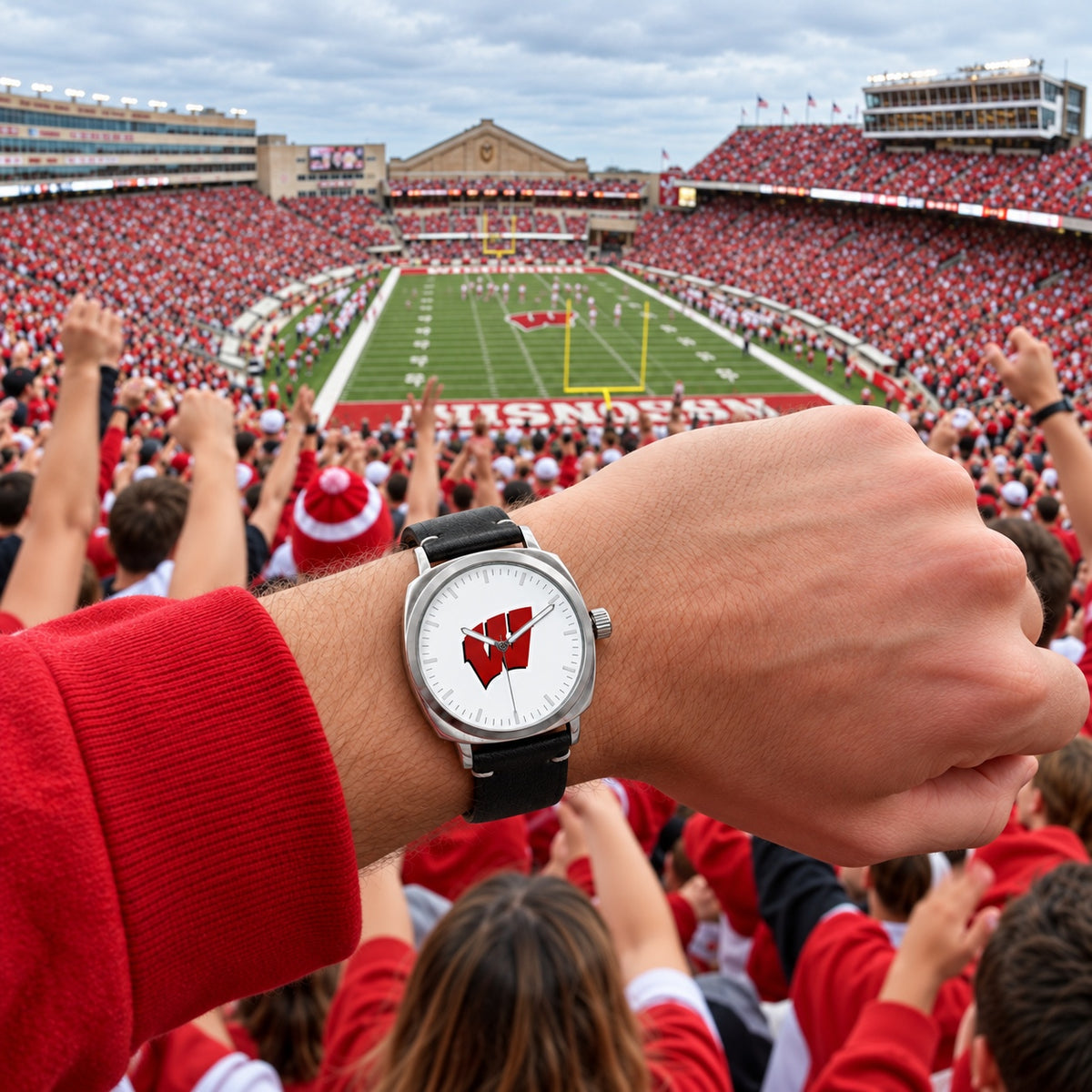 Wisconsin Badgers Oval Leather Band Silver Case Watch lifestyle