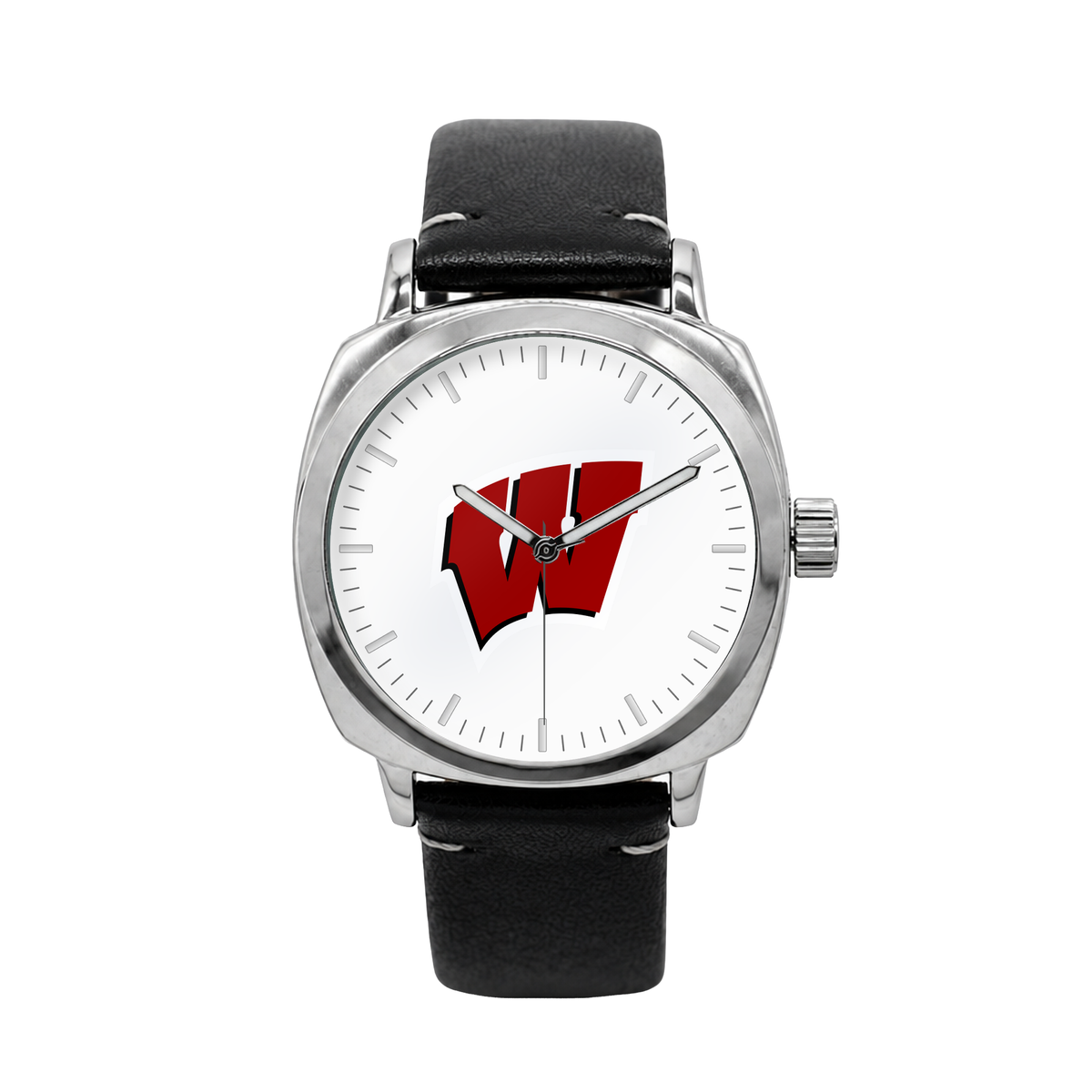 Wisconsin Badgers Oval Leather Band Silver Case watch with black leather band