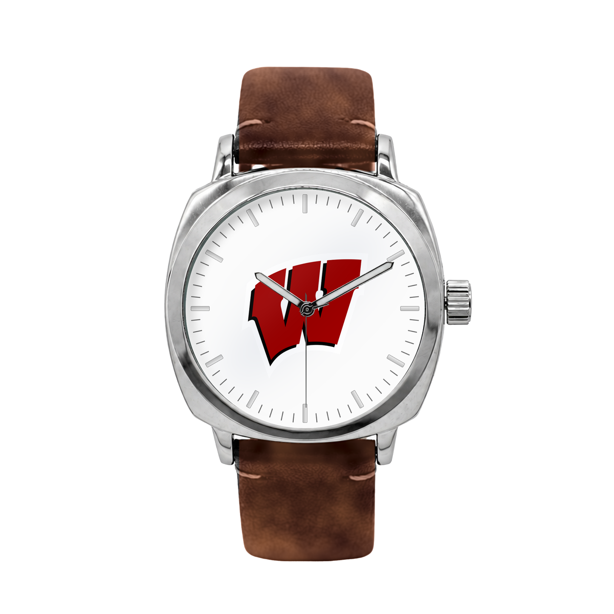 Wisconsin Badgers Oval Leather Band Silver Case watch with brown leather band