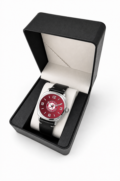 Alabama Crimson Tide Oval Leather Band Silver Case watch with black leather band in LicensedTime gift box
