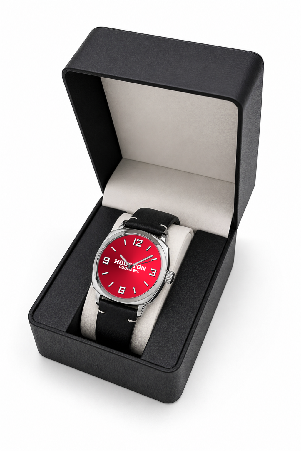 Houston Cougars Oval Leather Band Silver Case watch with black leather band in LicensedTime gift box