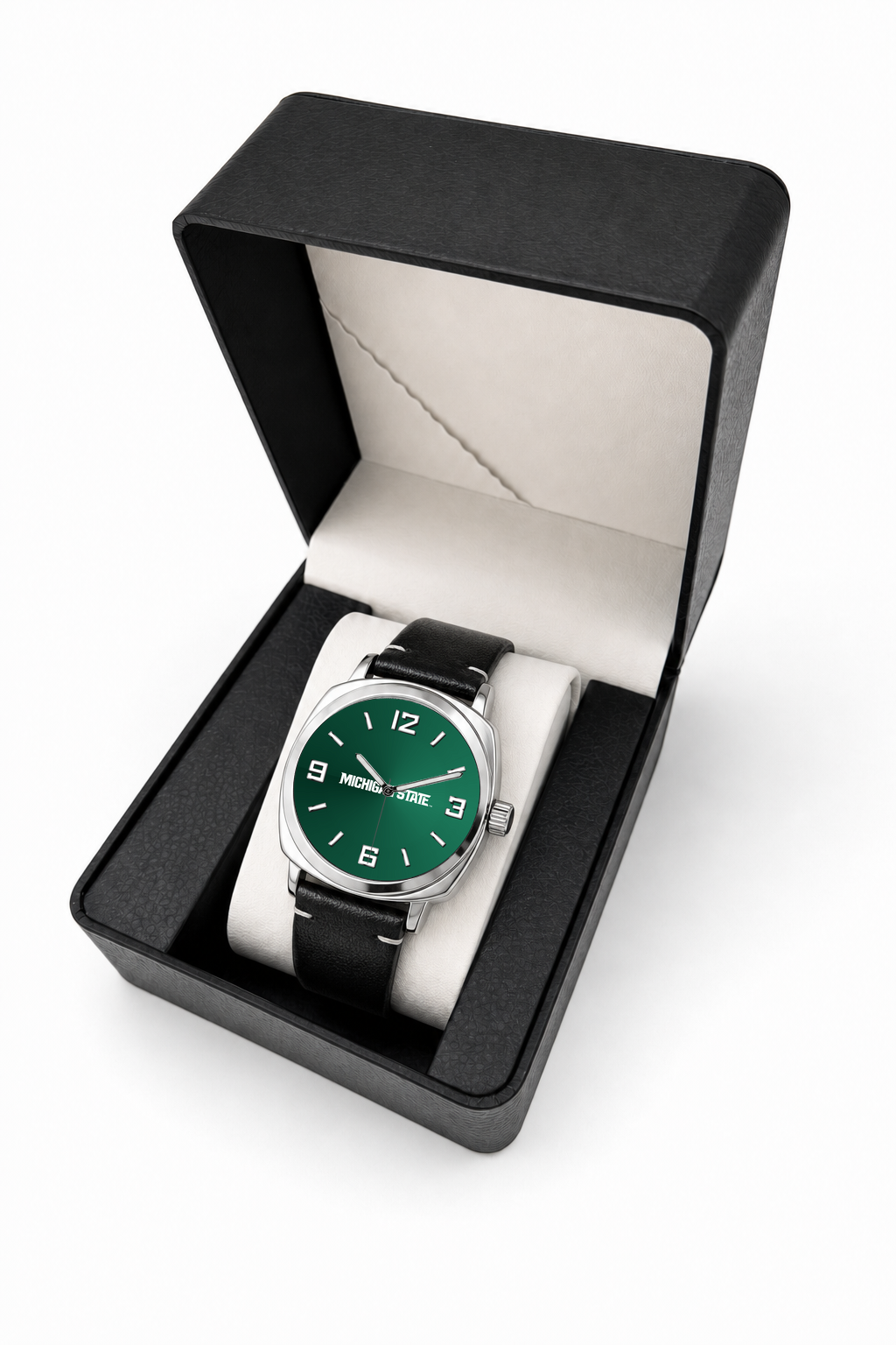Michigan State Spartans Oval Leather Band Silver Case watch with black leather band in LicensedTime gift box