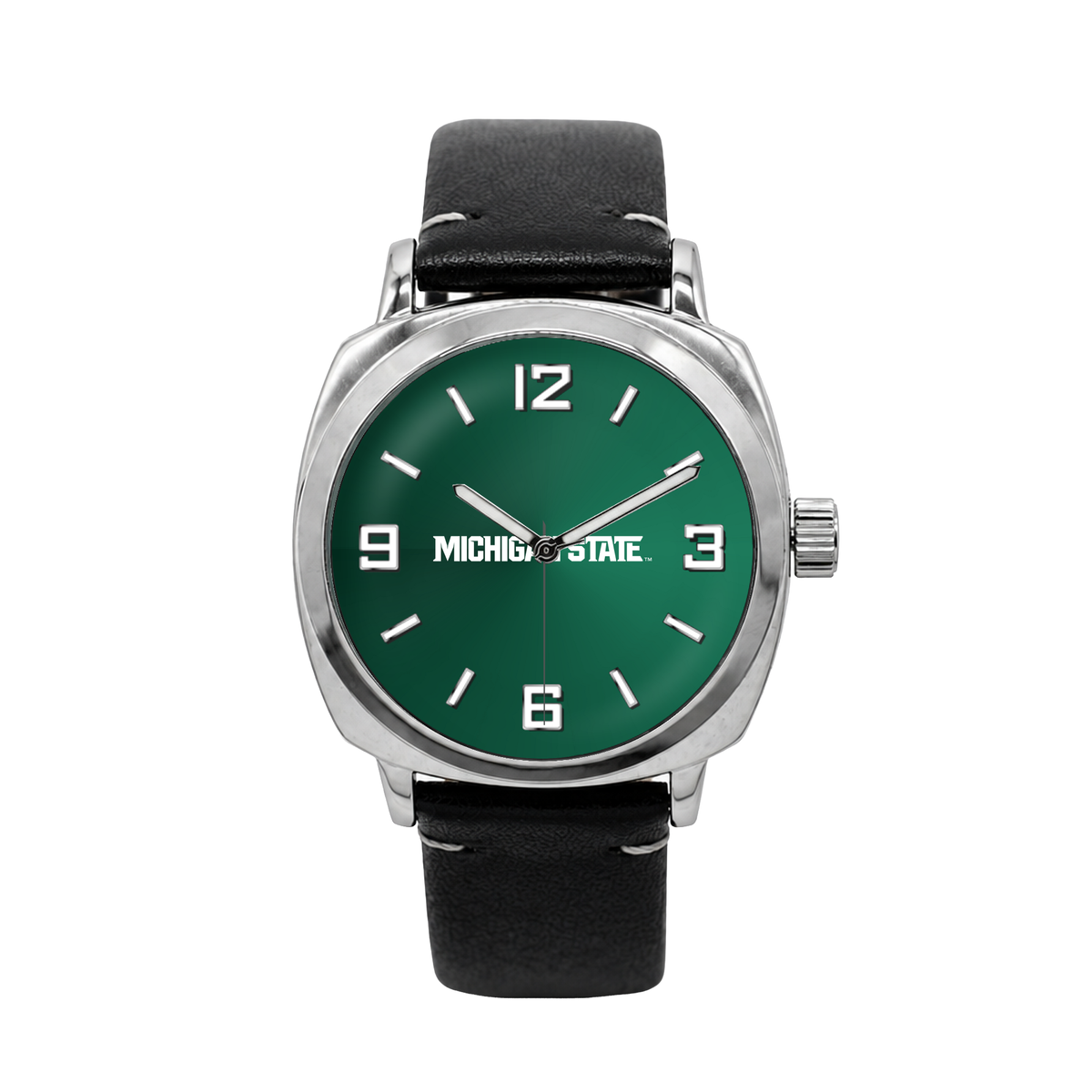 Michigan State Spartans Oval Leather Band Silver Case watch with black leather band