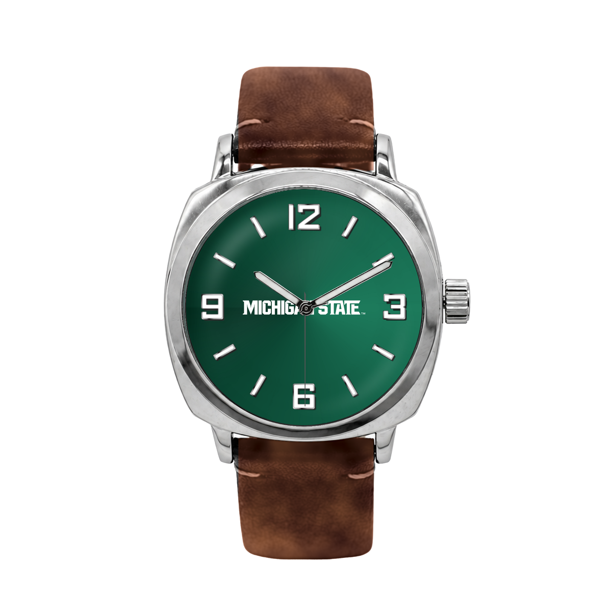 Michigan State Spartans Oval Leather Band Silver Case watch with brown leather band