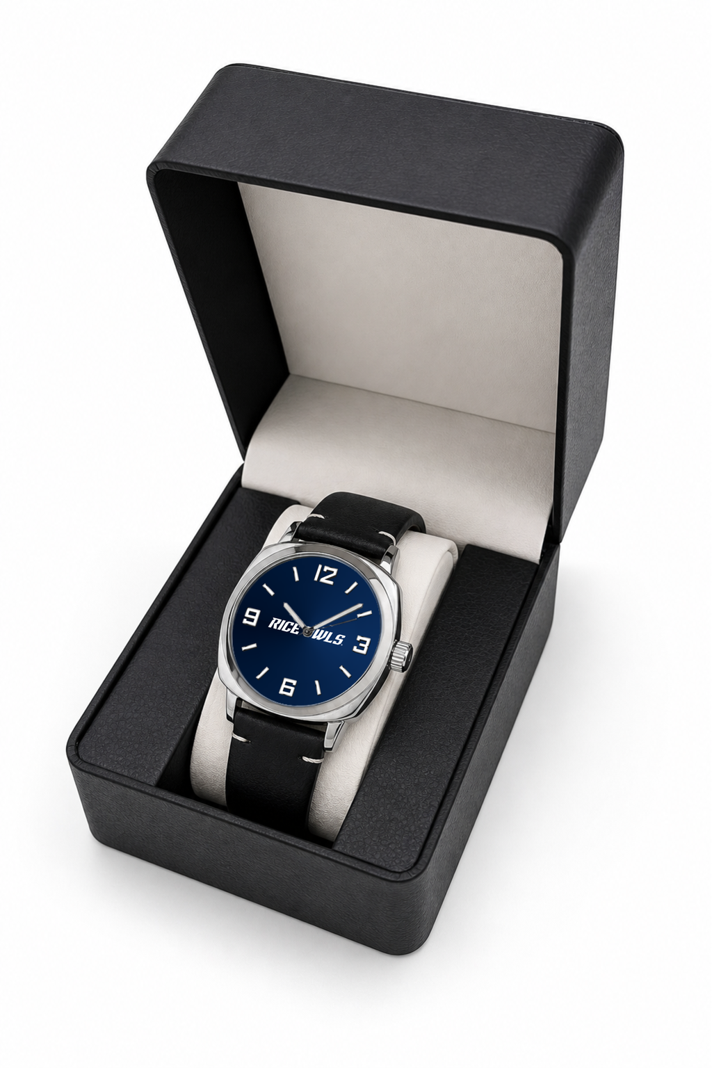 Rice Owls Oval Leather Band Silver Case watch with black leather band in LicensedTime gift box