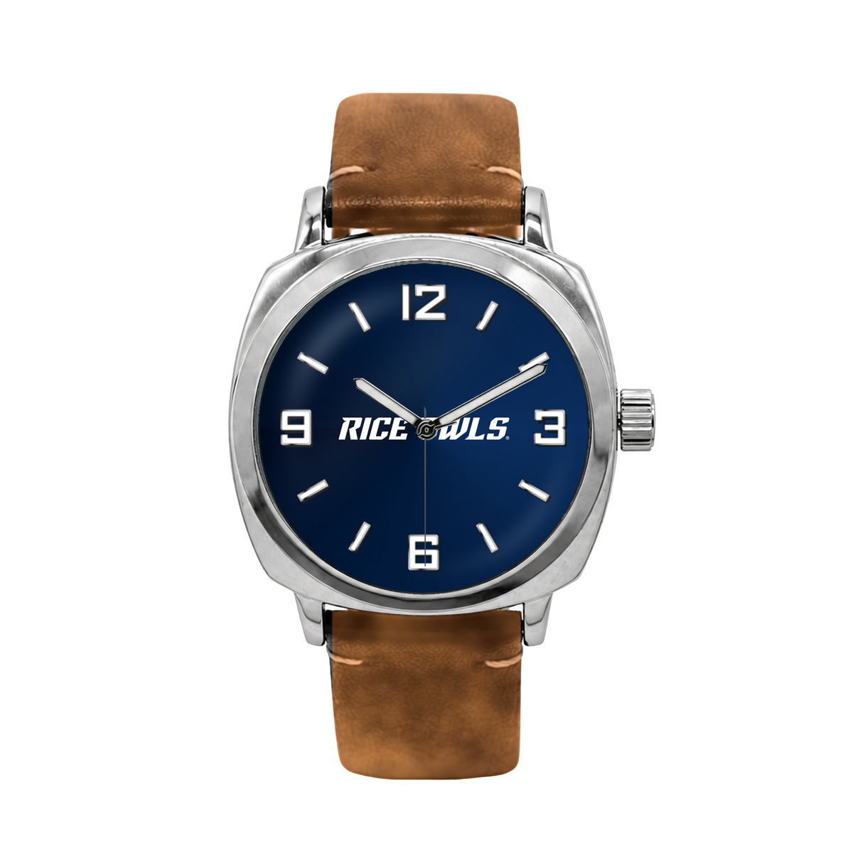 Rice Owls Oval Leather Band Silver Case watch with brown leather band