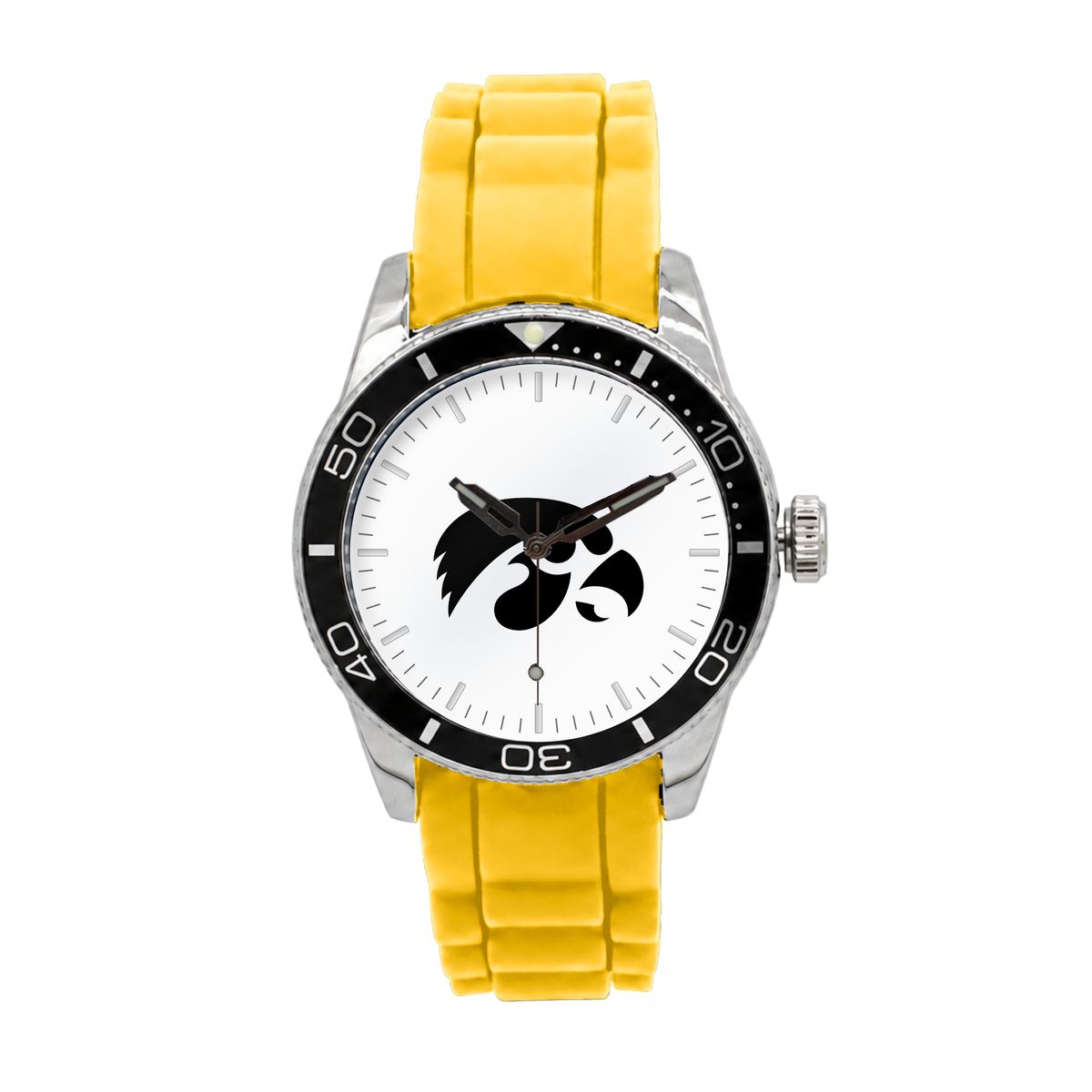 Iowa Hawkeyes Silicone Band Round watch with yellow silicone band