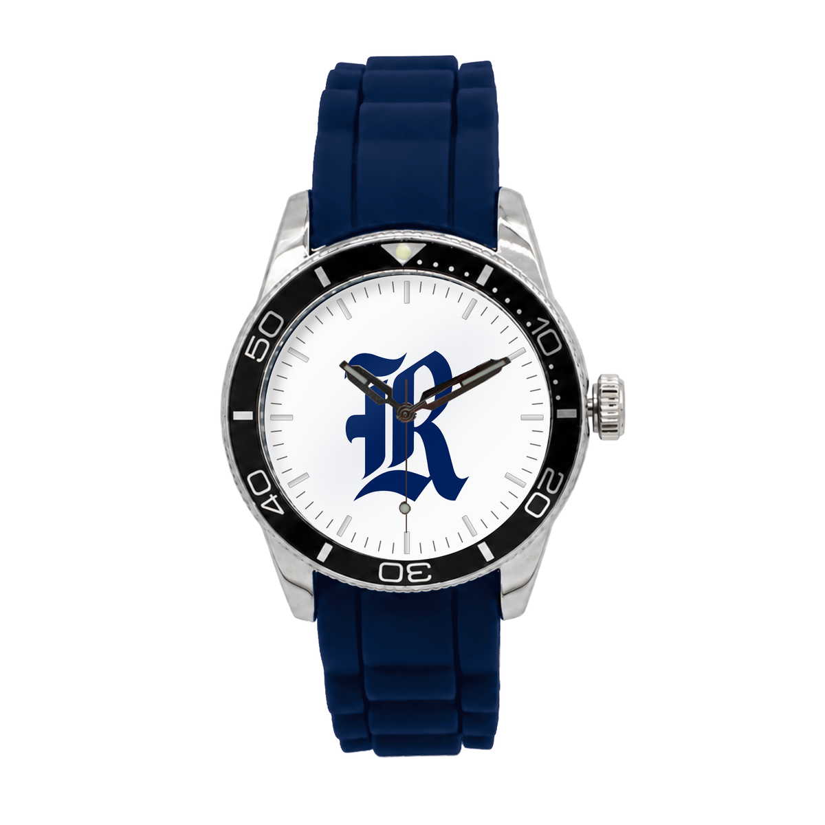 Rice Owls Silicone Band Round watch with navy silicone band