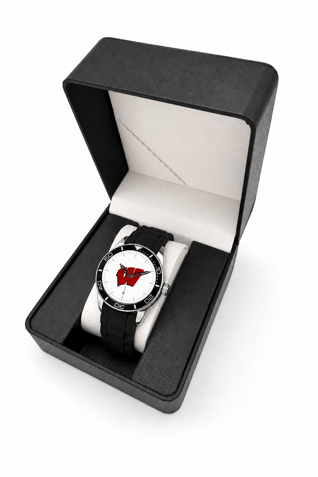 Wisconsin Badgers Silicone Band Round watch with black silicone band in LicensedTime gift box