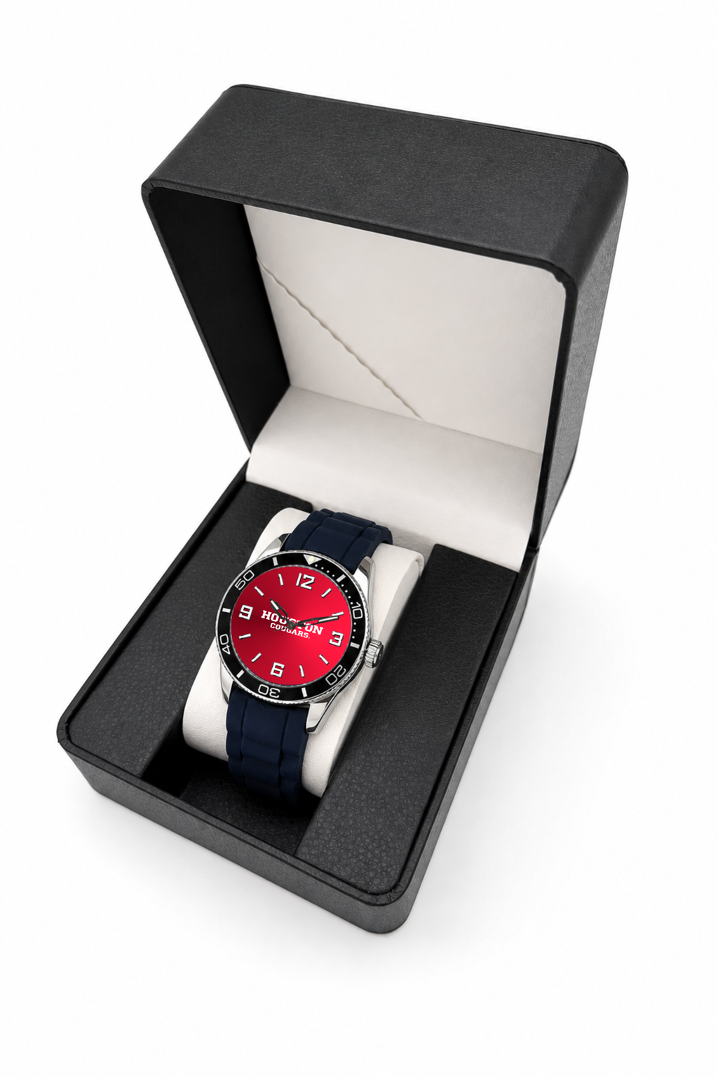 Houston Cougars Silicone Band Round watch with black silicone band in LicensedTime gift box