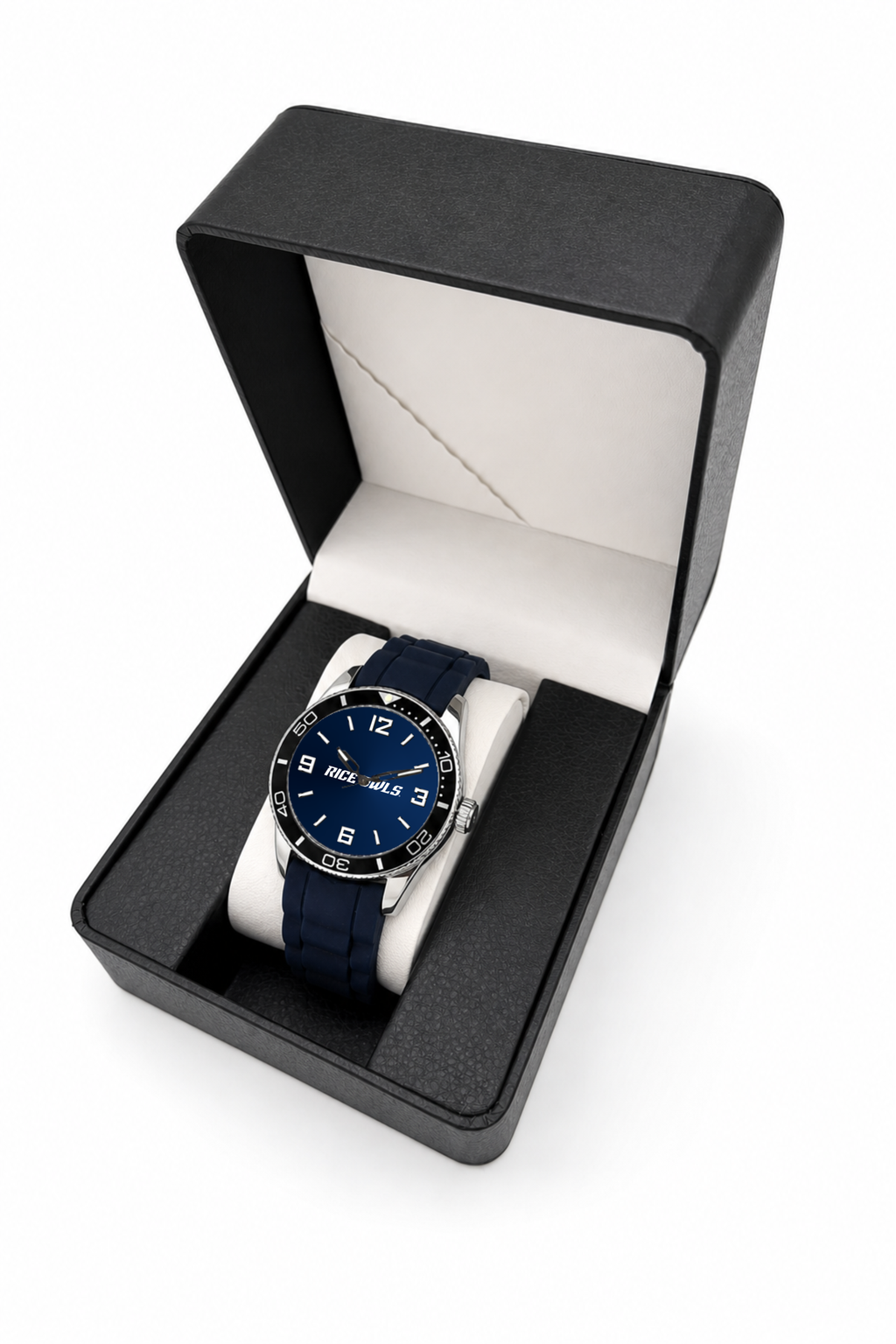 Rice Owls Silicone Band Round watch with black silicone band in LicensedTime gift box